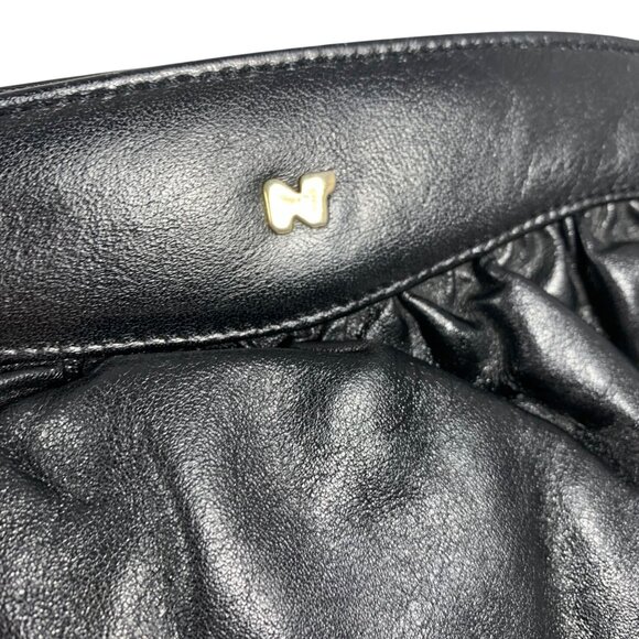 Vintage NINA RICCI Black Leather Ruched Clutch Handbag Gold-Tone Chain Strap - Picture 5 of 7